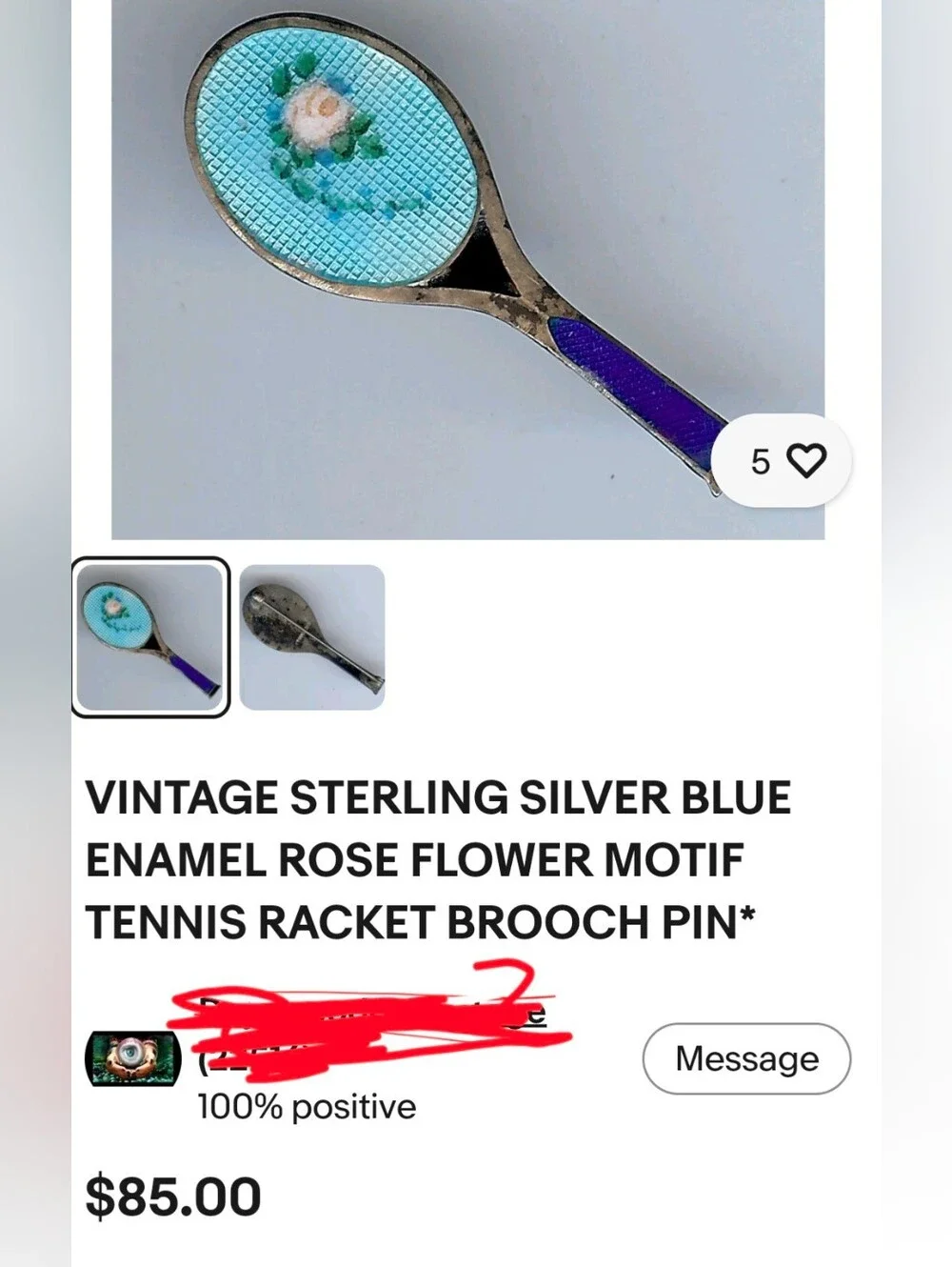 VINTAGE STERLING White Guilloche ENAMEL ROSE FLOWER MOTIF TENNIS RACKET BROOCH
